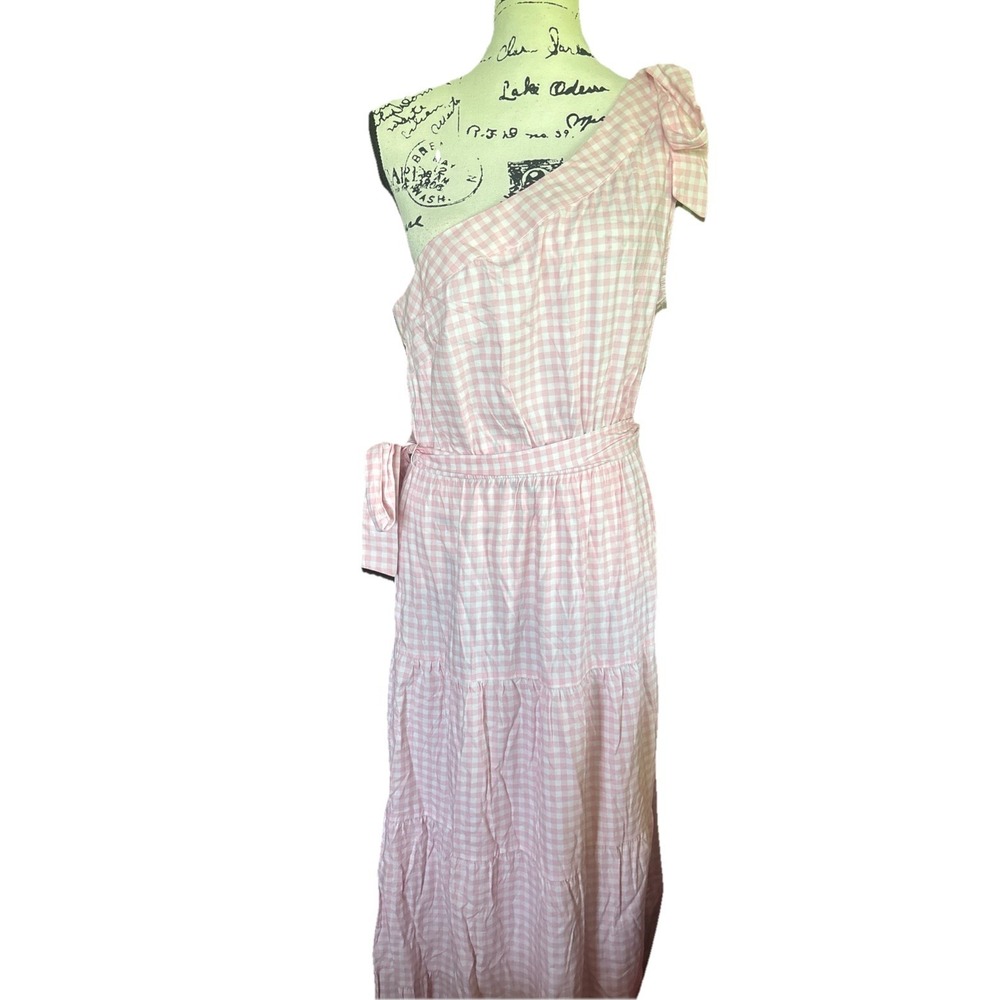 Pink Gingham Tiered Maxi Dress One Shoulder Large NWT